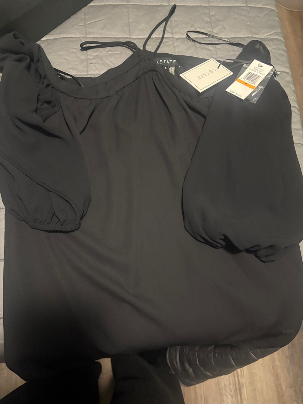1. State Black Cold-Shoulder Blouse with Puff Sleeves